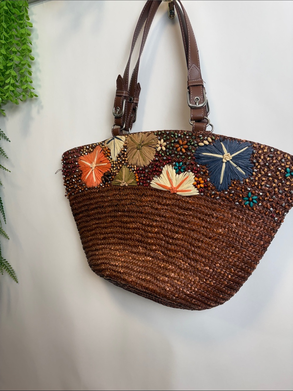 Embroidered Brown Straw Tote with Floral Accent